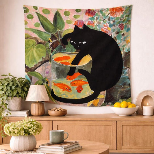 Black Cat & Goldfish Painted Tapestry – Vibrant Cute Cat Wall Hanging