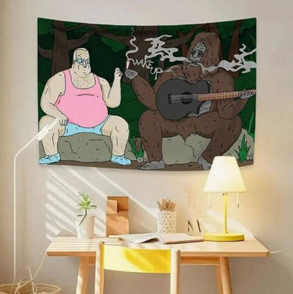 Funny Bigfoot & Guitar Cartoon Tapestry – Vibrant Humorous Wall Hanging