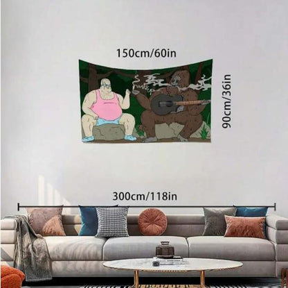 Funny Bigfoot & Guitar Cartoon Tapestry – Vibrant Humorous Wall Hanging