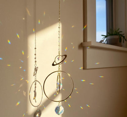 Celestial Planet Sun Catcher Crystal Prism Saturn & Moon Window Hanging