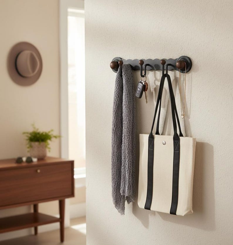 No-Drill Suction Cup Wall Hooks – Metal & Wood Hook Rack, 3 & 4 Hooks
