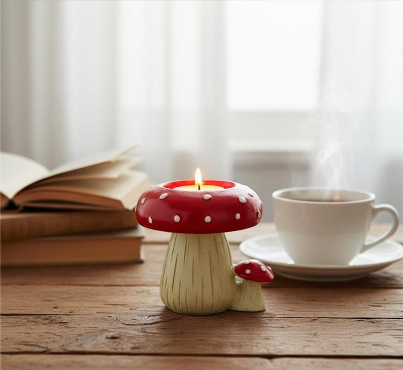 Toadstool Mushroom Tealight Holder Red White Fairycore Resin Candle Holder