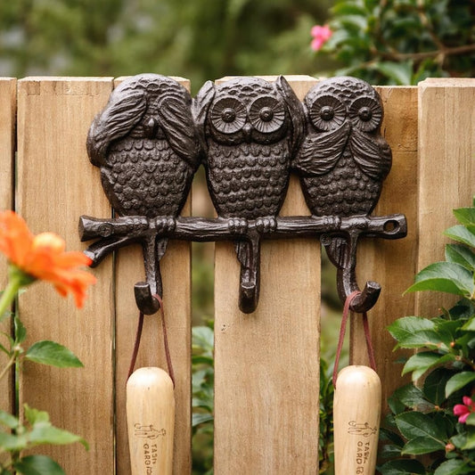 Cast Iron Owl Triple Wall Hook – See Hear Speak No Evil Rustic Hook