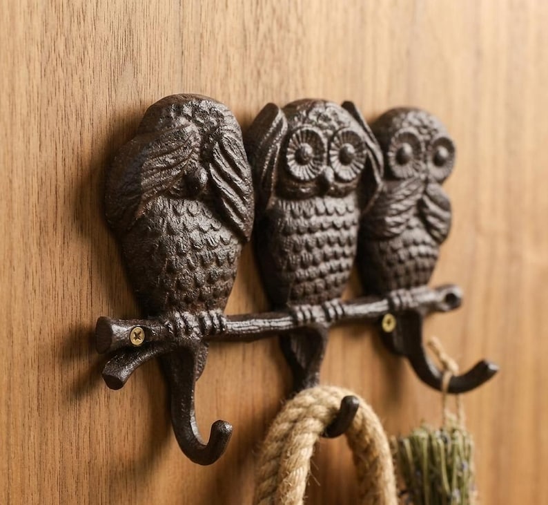 Cast Iron Owl Triple Wall Hook – See Hear Speak No Evil Rustic Hook
