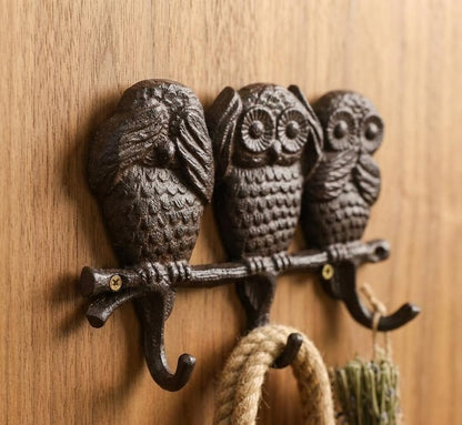 Cast Iron Owl Triple Wall Hook – See Hear Speak No Evil Rustic Hook