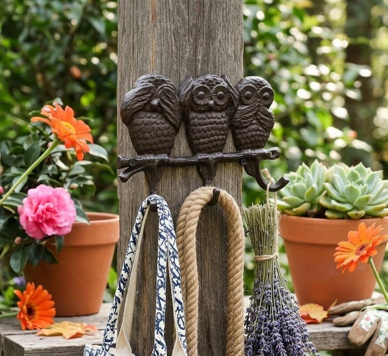 Cast Iron Owl Triple Wall Hook – See Hear Speak No Evil Rustic Hook