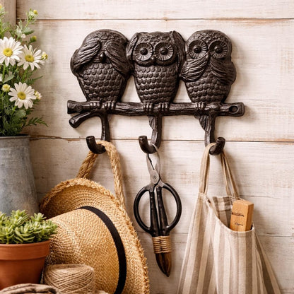 Cast Iron Owl Triple Wall Hook – See Hear Speak No Evil Rustic Hook