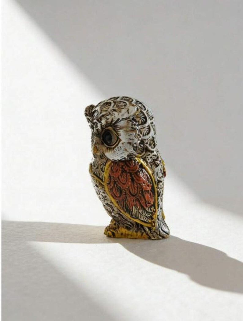 Hand-Painted Wooden Owl Figurine Miniature Carved Shelf Sitter