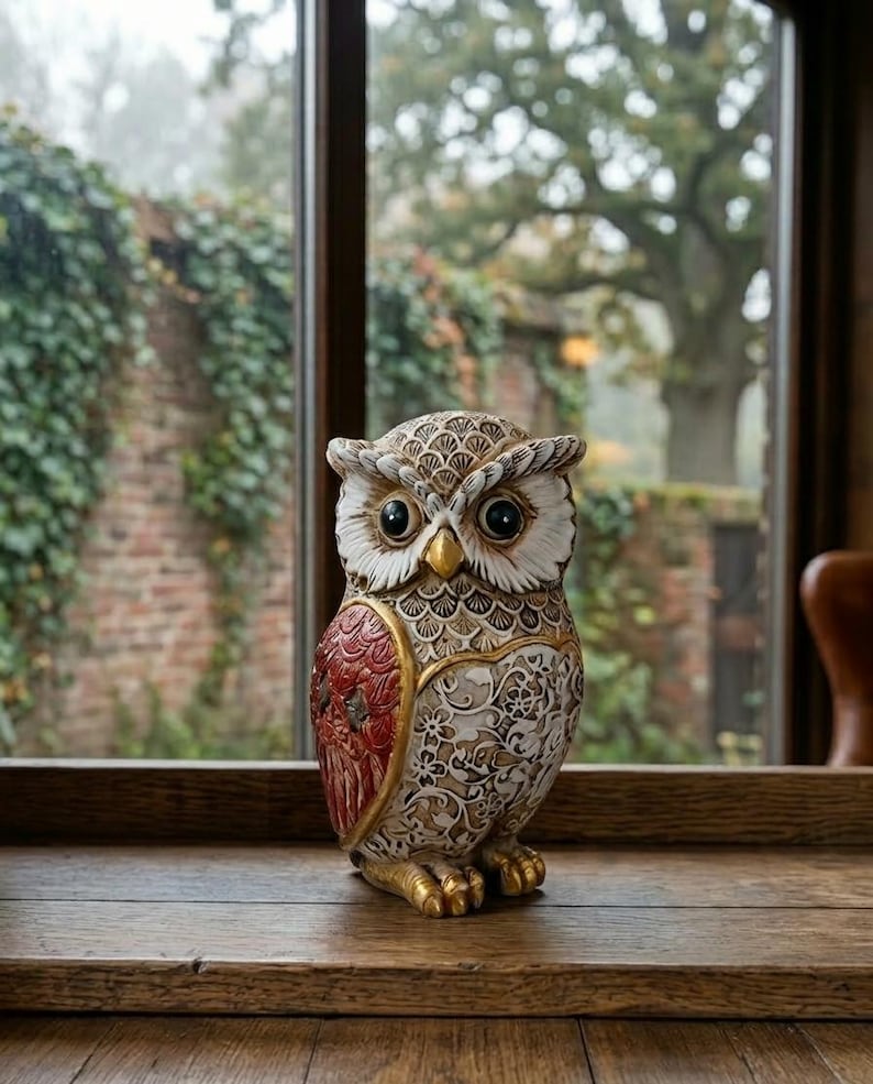 Hand-Painted Wooden Owl Figurine Miniature Carved Shelf Sitter
