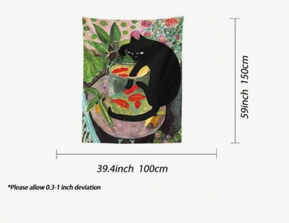 Black Cat & Goldfish Painted Tapestry – Vibrant Cute Cat Wall Hanging