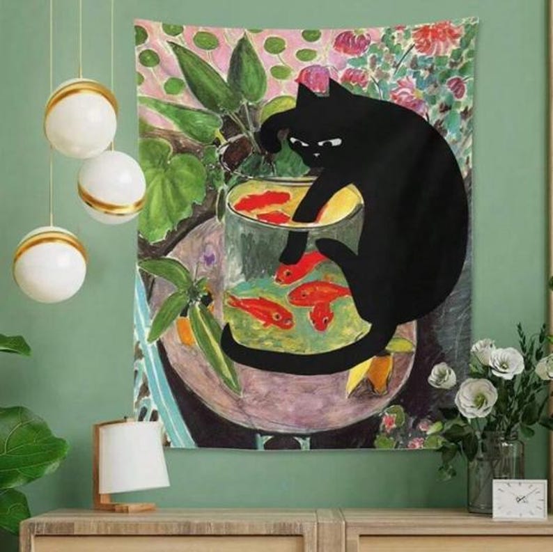 Black Cat & Goldfish Painted Tapestry – Vibrant Cute Cat Wall Hanging