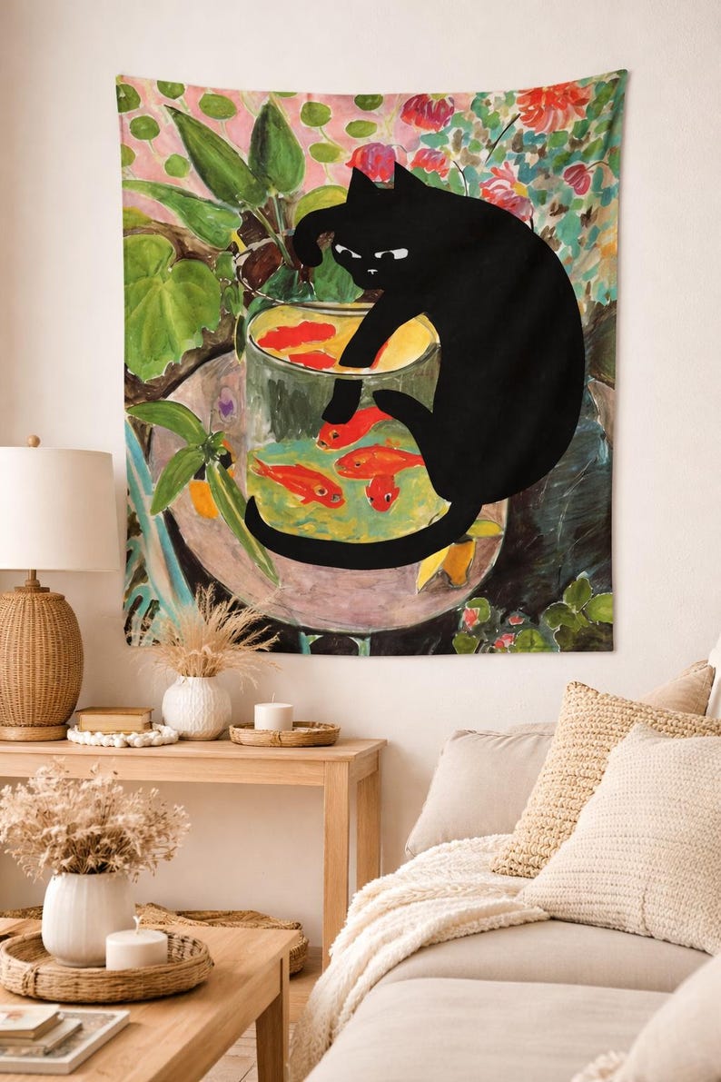 Black Cat & Goldfish Painted Tapestry – Vibrant Cute Cat Wall Hanging