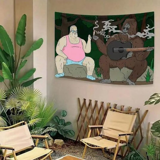 Funny Bigfoot & Guitar Cartoon Tapestry – Vibrant Humorous Wall Hanging