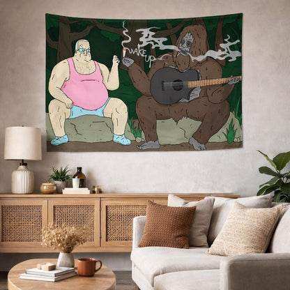 Funny Bigfoot & Guitar Cartoon Tapestry – Vibrant Humorous Wall Hanging