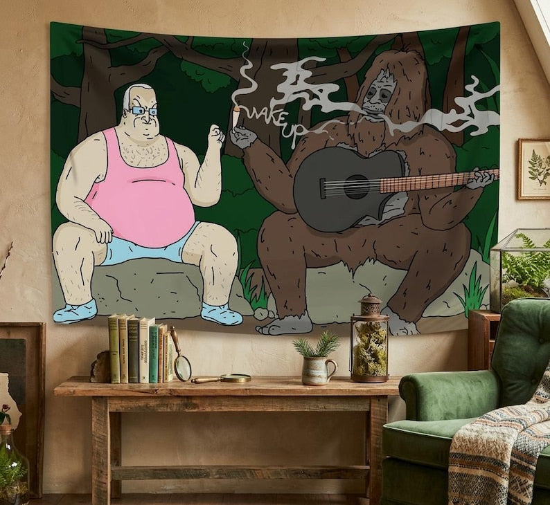 Funny Bigfoot & Guitar Cartoon Tapestry – Vibrant Humorous Wall Hanging