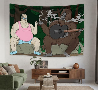 Funny Bigfoot & Guitar Cartoon Tapestry – Vibrant Humorous Wall Hanging